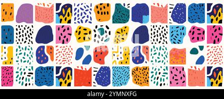 Colorful abstract doodle shape seamless pattern set. Creative minimalist style art background collection, trendy design with basic shapes Stock Vector