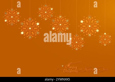 Merry Christmas snowflakes pattern with copy space. Holiday golden background with beautiful gold flowers starry balls, gif card celebration, new year Stock Vector