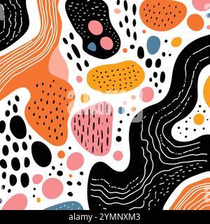 colorful seamless pattern with abstract shapes in black and white, in the style of polychrome terracotta, minimalist outlines, rounded Stock Vector