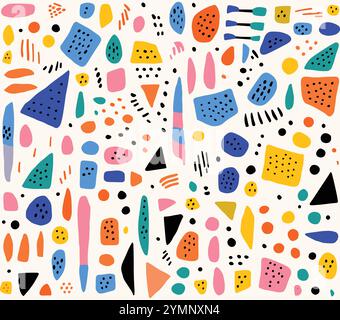 Contemporary Handmade Vector Illustration Pattern With Various Symmetrical Squares, Triangles, Shapes, Confetti Like Dots Stock Vector