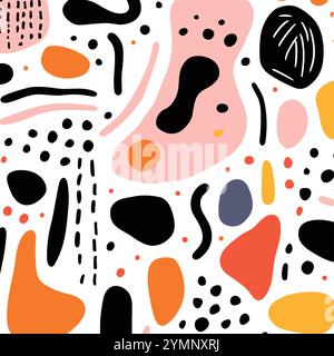 colorful seamless pattern with abstract shapes in black and white, in the style of polychrome terracotta, minimalist outlines, rounded Stock Vector
