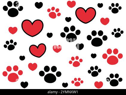 Cute paw feet and heart pattern Stock Vector