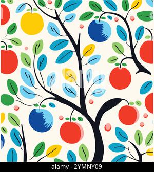 colorful pattern with apples and vines, subtle playfulness, simple, colorful illustrations, kubisi art, blink-and-you-miss-it detail Stock Vector