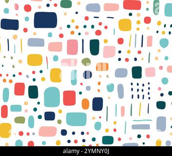 Cute, colorful, simple doodle, cartoonish confetti pattern on white background Stock Vector