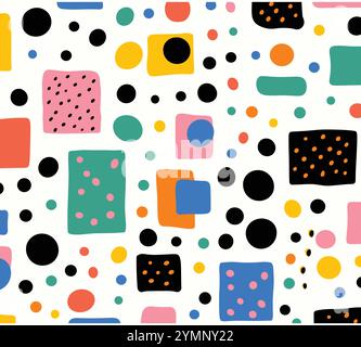 colorful squares and shapes. a seamless pattern with dots and dots, bold lines and shapes, bold lines, bright colors Stock Vector