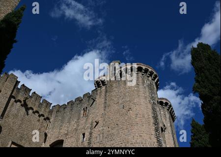 A historic fortress under a blue sky, with sunlight casting shadows on the stone walls. Tall thuja trees and a balcony add to the scene. Stock Photo