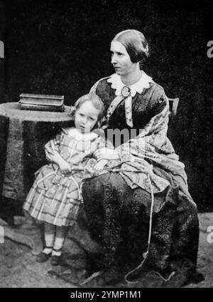 Portrait of Mrs. Thomas Stevenson (Margaret Isabella 1829-1897), mother of Robert Louis. Original photo likely to be 1860s, the child in unknown. From a selection of tipped in photographs about the life of Victorian writer Robert Louis Stevenson, published by T.N. Foulis in 1912. The image quality is quite variable - these were published some eighteen years after Stevenson passed away. Stock Photo