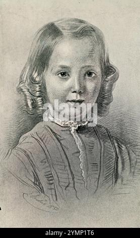 Portrait from a chalk drawing of Robert Louis Stevenson aged four, c1854. From a selection of tipped in photographs about the life of Victorian writer Robert Louis Stevenson, published by T.N. Foulis in 1912. The image quality is quite variable - these were published some eighteen years after Stevenson passed away. Stock Photo