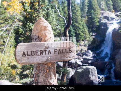 Alberta Falls in Rocky Mountain National Park,named after Alberta Sprague,elevation 9400ft Stock Photo