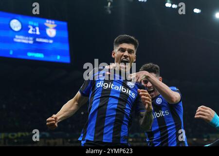 Milano, Italia. 19th Apr, 2023. Foto Simone Spada/LaPresse 19 Aprile 2023 Milano, Italia - sport, calcio - Inter vs Benfica - Ritorno quarti di finale Champions League 2022/2023 - Stadio San Siro. Nella foto: esultanza di Joaquin Correa (Inter); dopo il gol 3-1April 19, 2023 Milan, Italy - sport, calcio - Inter vs Benfica - Champions League 2022/2023 quarter final second leg - San Siro Stadium. In the pic: Joaquin Correa (Inter); celebrates after goal 3-1 Credit: LaPresse/Alamy Live News Stock Photo