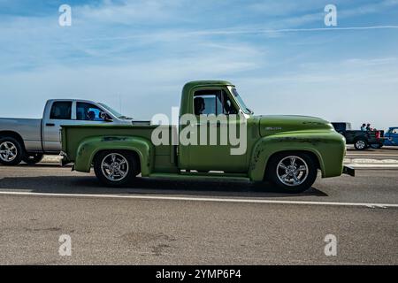 Gulfport, MS - October 04, 2023: Wide angle side view of a 1956 Ford F100 Pickup Truck at a local car show. Stock Photo