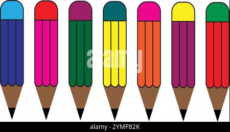 Pencils Set - Seven colorful pencils isolated on transparent white background Stock Vector