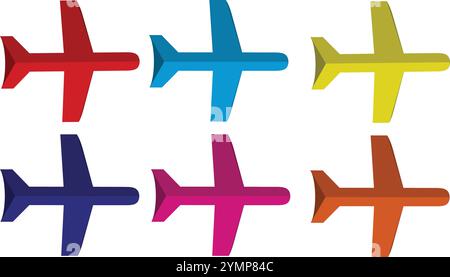 Six airplane logo icon 3d graphics in red sky blue pink yellow orange isolated on transparent white background Stock Vector