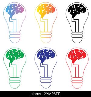 Idea bulb set with brain isolated on white background Stock Vector