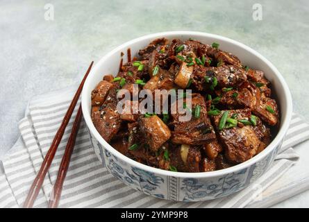 Bulgogi, with mushrooms, with sesame seeds and green onions, Korean cuisine, homemade, no people Stock Photo