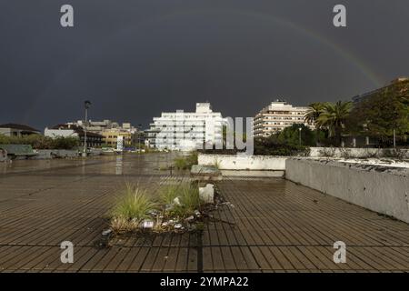 Rainbow over the Plaza de la Derrhumbada, former bus station, closed since 2009 due to dilapidation, Puerto de la Cruz, Tenerife, Canary Islands, Spai Stock Photo