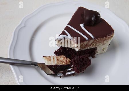 Slice of cake, bird's milk, chocolate sponge cake with souffle, sweet dessert, on a white plate, close-up, horizontal, no people Stock Photo