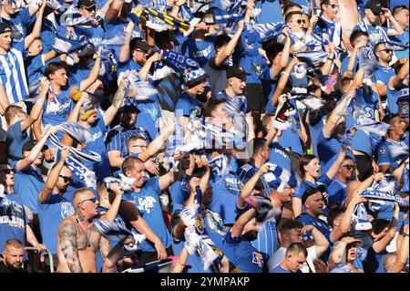 LUBIN, POLAND - AUGUST 17, 2024: Football match Polish PKO Ekstraklasa between KGHM Zaglebie Lubin vs Lech Poznan. Cheering supporters of Lech. Stock Photo