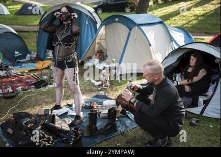 BOLKOW, POLAND - JULY 14, 2023: An unidentified participants of the Castle Party at the campsite. Castle Party is a dark independent festival. Stock Photo