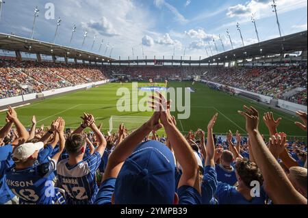 LUBIN, POLAND - AUGUST 17, 2024: Football match Polish PKO Ekstraklasa between KGHM Zaglebie Lubin vs Lech Poznan. Cheering supporters of Lech. Stock Photo