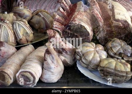 LINDFIELD, WEST SUSSEX, UK, FEBRUARY 01 : Window display of various cuts of meat in a butchers shop in the village of Lindfield West Sussex on Februar Stock Photo