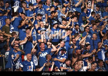 LUBIN, POLAND - AUGUST 17, 2024: Football match Polish PKO Ekstraklasa between KGHM Zaglebie Lubin vs Lech Poznan. Cheering supporters of Lech. Stock Photo