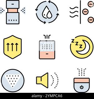Air purifier and humidifier machine color icons sets. Home device for air purification filtering. Electronic devices. Home climate. Moisture content. Stock Vector