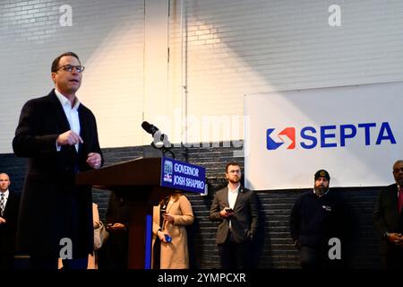 Philadelphia, United States. 22nd Nov, 2024. Gov. Shapiro orders an allocation of 153 million US Dollars to circumvent the imminent proposed fair modification to fund the five county mass transit system of Southeastern Pennsylvania Transportation Authority (SEPTA), during an announcement at the bus terminal workshop of the Frankford Transportation Center in Philadelphia, PA, USA on November 21, 2024. (Photo by Bastiaan Slabbers/Sipa USA) Credit: Sipa USA/Alamy Live News Stock Photo