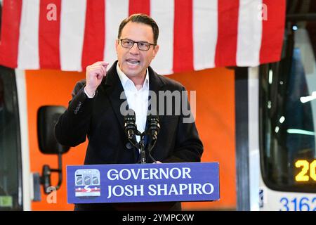 Philadelphia, United States. 22nd Nov, 2024. Gov. Shapiro orders an allocation of 153 million US Dollars to circumvent the imminent proposed fair modification to fund the five county mass transit system of Southeastern Pennsylvania Transportation Authority (SEPTA), during an announcement at the bus terminal workshop of the Frankford Transportation Center in Philadelphia, PA, USA on November 21, 2024. (Photo by Bastiaan Slabbers/Sipa USA) Credit: Sipa USA/Alamy Live News Stock Photo