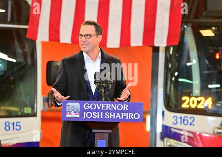 Philadelphia, United States. 22nd Nov, 2024. Gov. Shapiro orders an allocation of 153 million US Dollars to circumvent the imminent proposed fair modification to fund the five county mass transit system of Southeastern Pennsylvania Transportation Authority (SEPTA), during an announcement at the bus terminal workshop of the Frankford Transportation Center in Philadelphia, PA, USA on November 21, 2024. (Photo by Bastiaan Slabbers/Sipa USA) Credit: Sipa USA/Alamy Live News Stock Photo