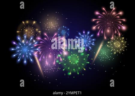 Colorful, multicolored, festive fireworks on black background. Vector illustration Stock Vector