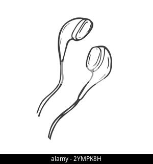 Headphones. Long wire with plug. Vector illustration. Sketch. Contour on an isolated white background. Doodle style. A device for listening to voice i Stock Vector