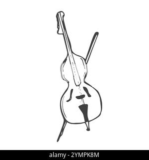 Double bass sketch style vector illustration. Old engraving imitation. Musical instrument hand drawn sketch imitation Stock Vector