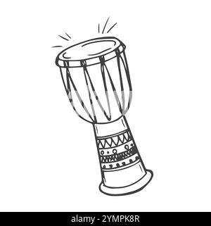 Hand drawn djembe drum, musical instruments isolated on a white background. Celebration elements. Doodle, simple outline illustration. It can be used Stock Vector