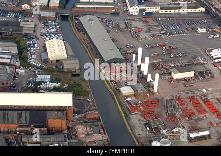 An aerial view of City of Wolverhampton industrial area with British Oxgen Company on the right of the Birmingham Main Line canal in Lower Walsall Street, Horseley Fields, Wolverhampton Stock Photo