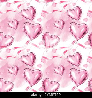 watercolor seamless pattern with pink metallic foil air balloons, heart shape metallic balloon for Valentine day, hand drawn sketch of event decoratio Stock Photo