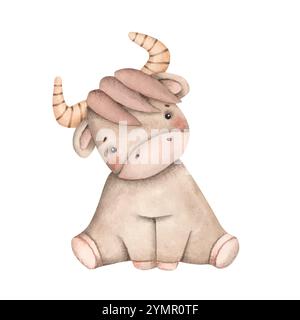 Zodiac watercolor hand-drawn illustration with baby taurus. Cute cartoon bull for kids. Stock Vector