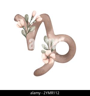 Zodiac watercolor hand-drawn illustration with symbols capricorn and leaves and flowers. Horoscope symbol, the designation of the zodiac signs Stock Vector