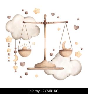 Zodiac watercolor hand-drawn illustration with libra on cloud with stars and moon. Cute scales for kids. Stock Vector