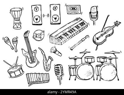 Doodle music icons set. Musical instruments in vector. Stock Vector