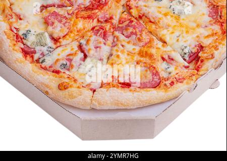 Pizza delivery. Pizza with salami and in a paper box isolated on white Stock Photo
