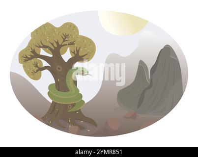 Green snake on the tree, a large reptile wraps around an oak, vector color illustration Stock Vector
