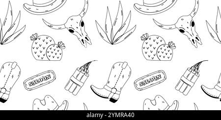 Black and white seamless pattern featuring Wild West motifs, including cowboy boots, cacti, and saloon signs. Stock Vector
