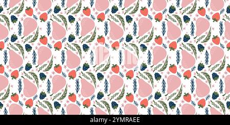 Seamless Fruit and Botanical Pattern with Pears, Strawberries, Blackberries, and Leaves on White Background, Perfect for Textile Design, Wrapping Paper, Wallpapers, and Kitchen-Themed Decor Stock Vector