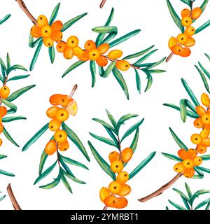 Seamless pattern of sea buckthorn branches. Watercolor seamless pattern of ripe orange berries and leaves. Wallpaper illustration for wrapping paper, Stock Photo