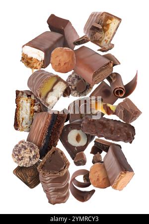 Different chocolate products in air on white background Stock Photo
