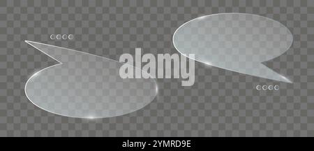 Chat dialog boxes glases. Set of realistic glass speech ballon Transparent frosted acrylic speech bubble on checkered gray background Realistic matte Stock Vector