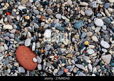 multi colored pebbles with one large red stone Stock Photo