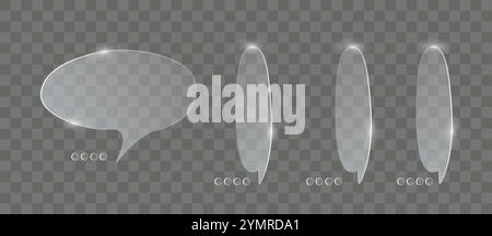 Chat dialog boxes glases. Set of realistic glass speech ballon Transparent frosted acrylic speech bubble on checkered gray background Realistic matte Stock Vector