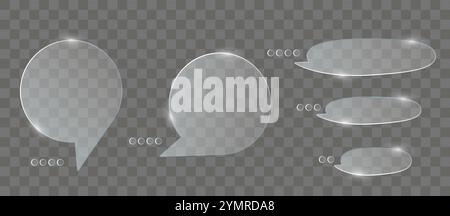 Chat dialog boxes glases. Set of realistic glass speech ballon Transparent frosted acrylic speech bubble on checkered gray background Realistic matte Stock Vector